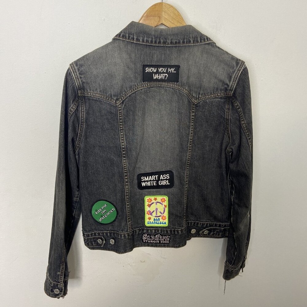 Gap Woman L Black Denim Girl Pwr Drinking Patches Jacket Irish Grunge Biker